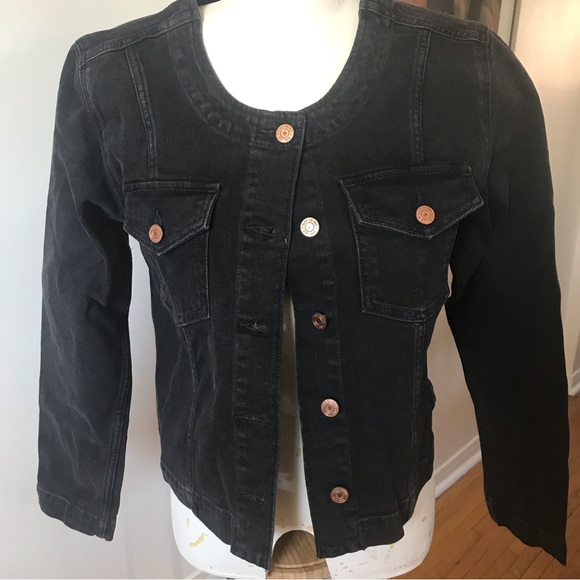 New ! Black Collarless GAP Denim Jacket - Size Large - Picture 2 of 10